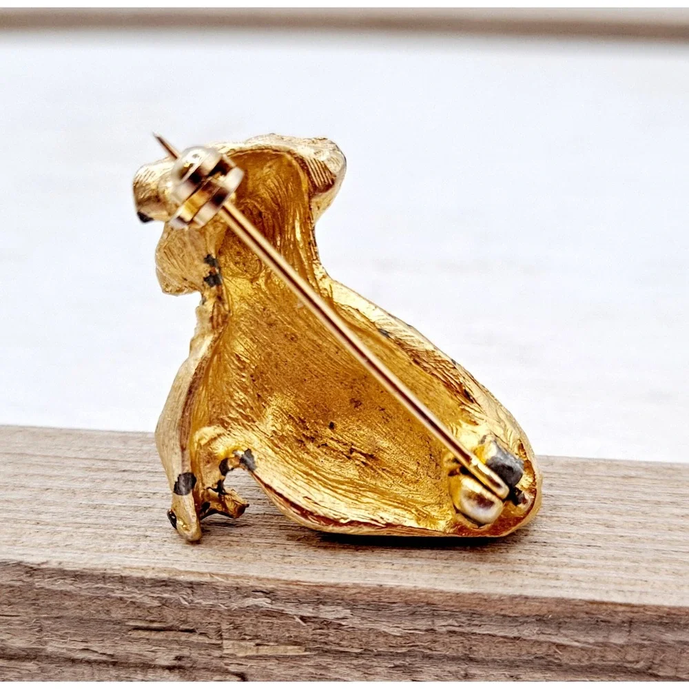 Vintage Goldtone English Bulldog Brooch – Blue Enamel Sweater, Rhinestone Eyes